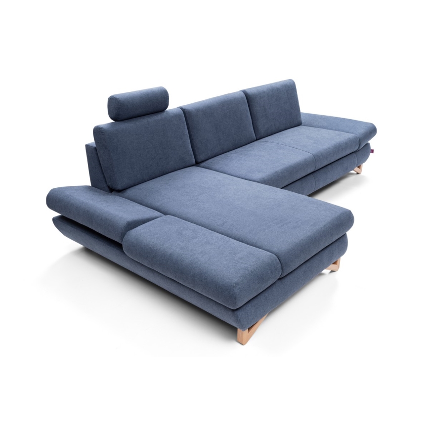 AVESTA L formos išskleidžiama apmušta kampinė sofa su daiktadėže — kairinė, mėlyna