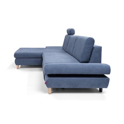 AVESTA L formos išskleidžiama apmušta kampinė sofa su daiktadėže — kairinė, mėlyna