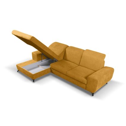 Išskleidžiama aptraukta L formos kampinė sofa ALTA, kairinė, geltona, su daiktų dėže
