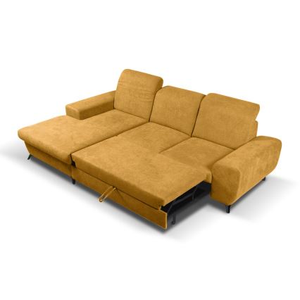 Išskleidžiama aptraukta L formos kampinė sofa ALTA, kairinė, geltona, su daiktų dėže