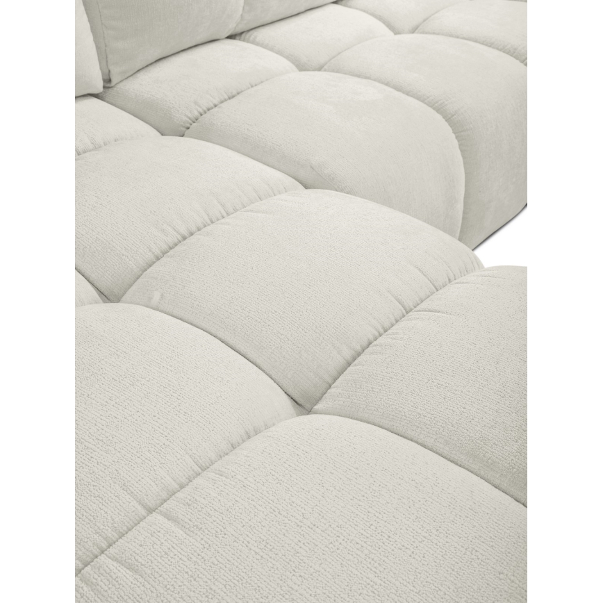 Išskleidžiama apmušta L formos kampinė sofa ALMADA, kairinė, smėlinė, su talpia daiktadėže