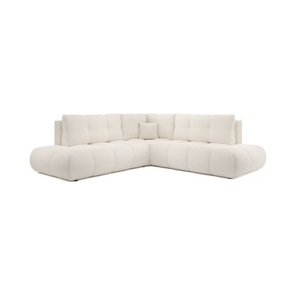 Išskleidžiama apmušta L formos kampinė sofa ALMADA, dešinės pusės, smėlio spalvos, su talpia daiktadėže