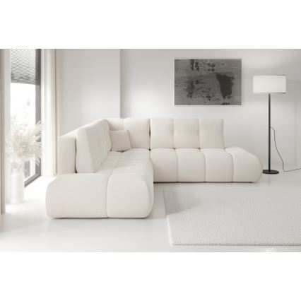 Išskleidžiama apmušta L formos kampinė sofa ALMADA, dešinės pusės, smėlio spalvos, su talpia daiktadėže