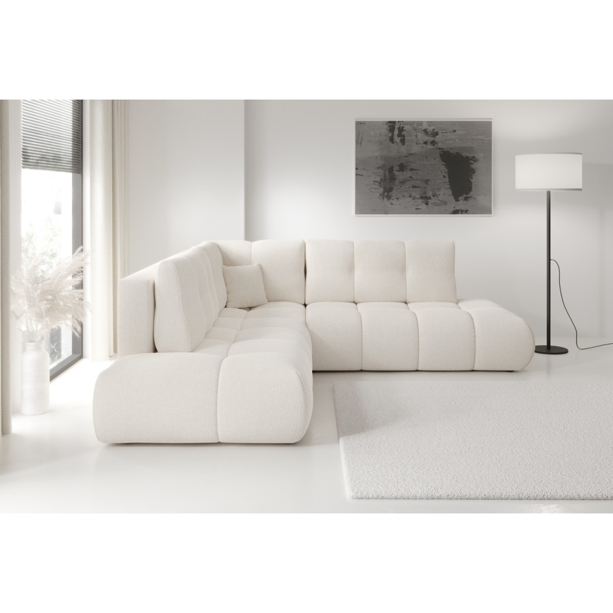 Išskleidžiama apmušta L formos kampinė sofa ALMADA, dešinės pusės, smėlio spalvos, su talpia daiktadėže