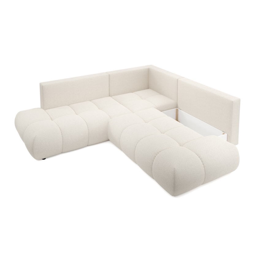 Išskleidžiama apmušta L formos kampinė sofa ALMADA, dešinės pusės, smėlio spalvos, su talpia daiktadėže