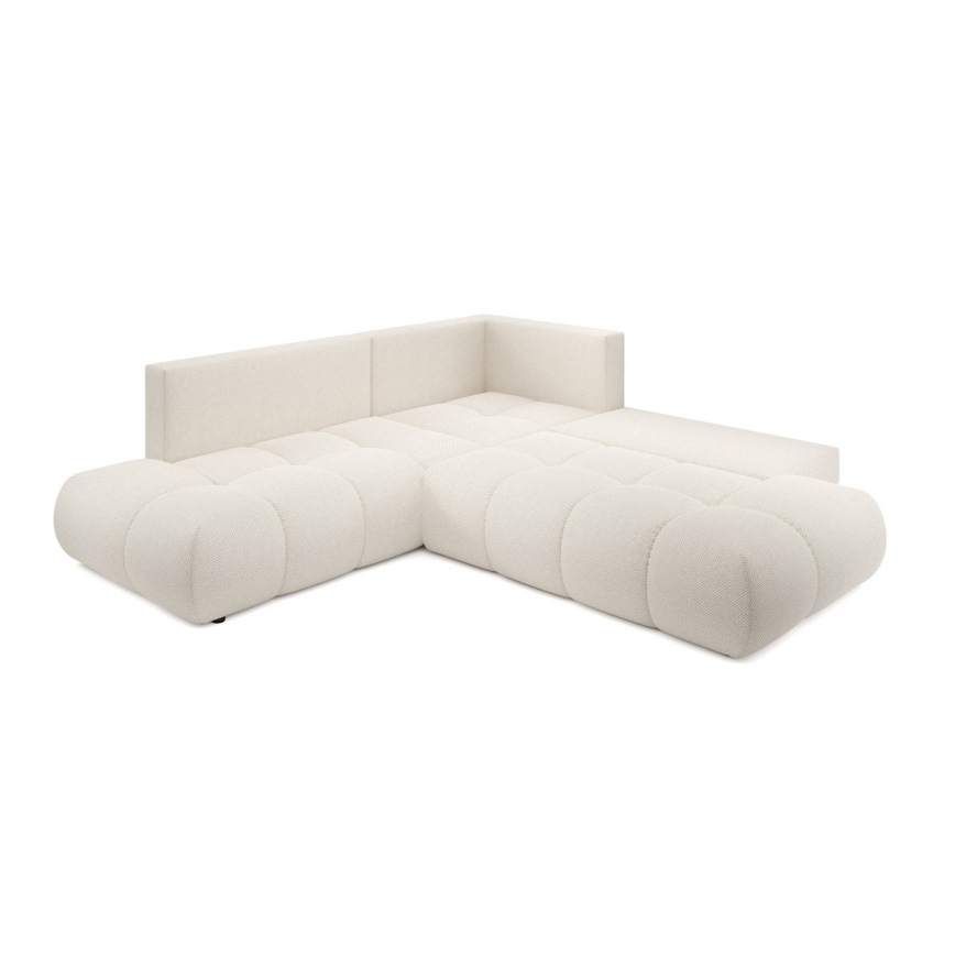 Išskleidžiama apmušta L formos kampinė sofa ALMADA, dešinės pusės, smėlio spalvos, su talpia daiktadėže