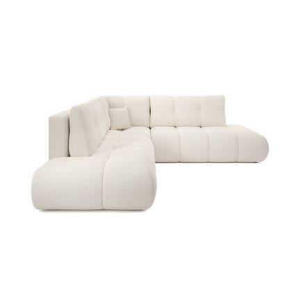 Išskleidžiama apmušta L formos kampinė sofa ALMADA, dešinės pusės, smėlio spalvos, su talpia daiktadėže