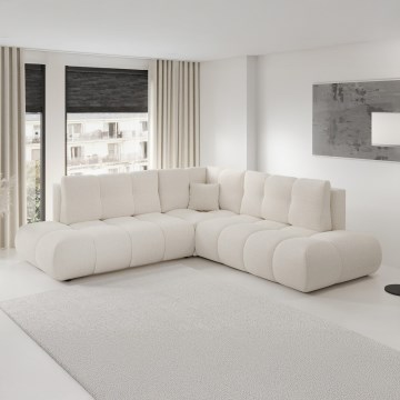 Išskleidžiama apmušta L formos kampinė sofa ALMADA, dešinės pusės, smėlio spalvos, su talpia daiktadėže