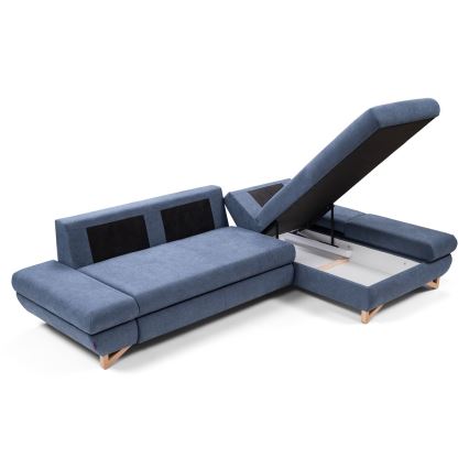 Išskleidžiama L formos kampinė apmušta sofa AVESTA, su daiktų dėže, dešinė, mėlyna