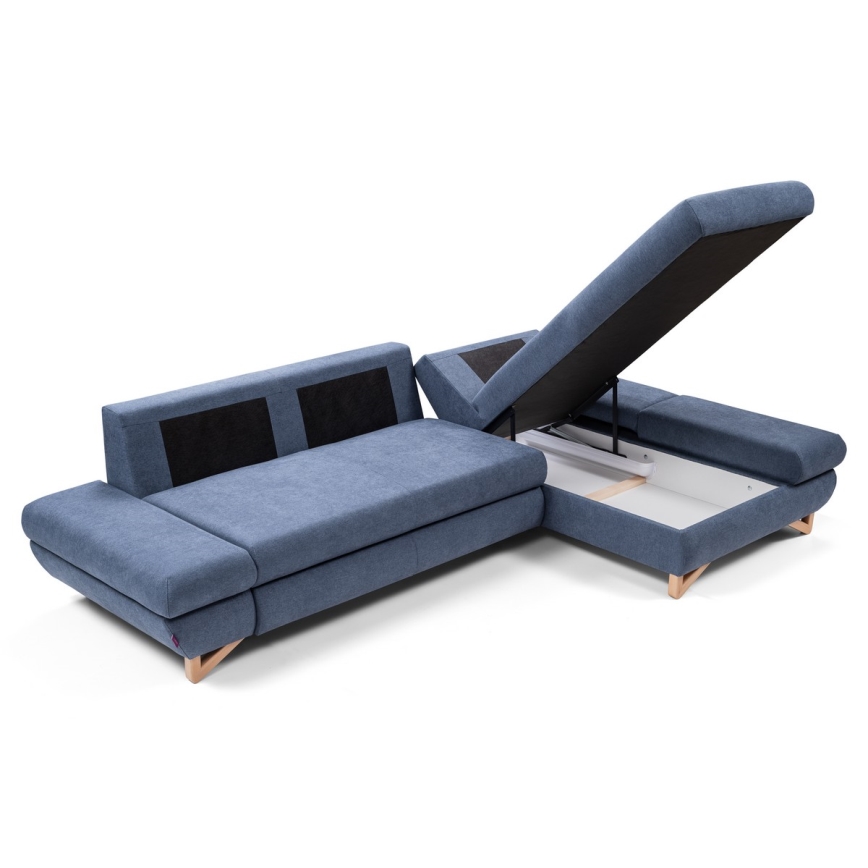 Išskleidžiama L formos kampinė apmušta sofa AVESTA, su daiktų dėže, dešinė, mėlyna