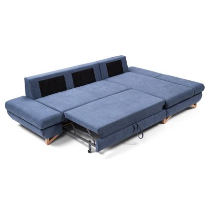 Išskleidžiama L formos kampinė apmušta sofa AVESTA, su daiktų dėže, dešinė, mėlyna