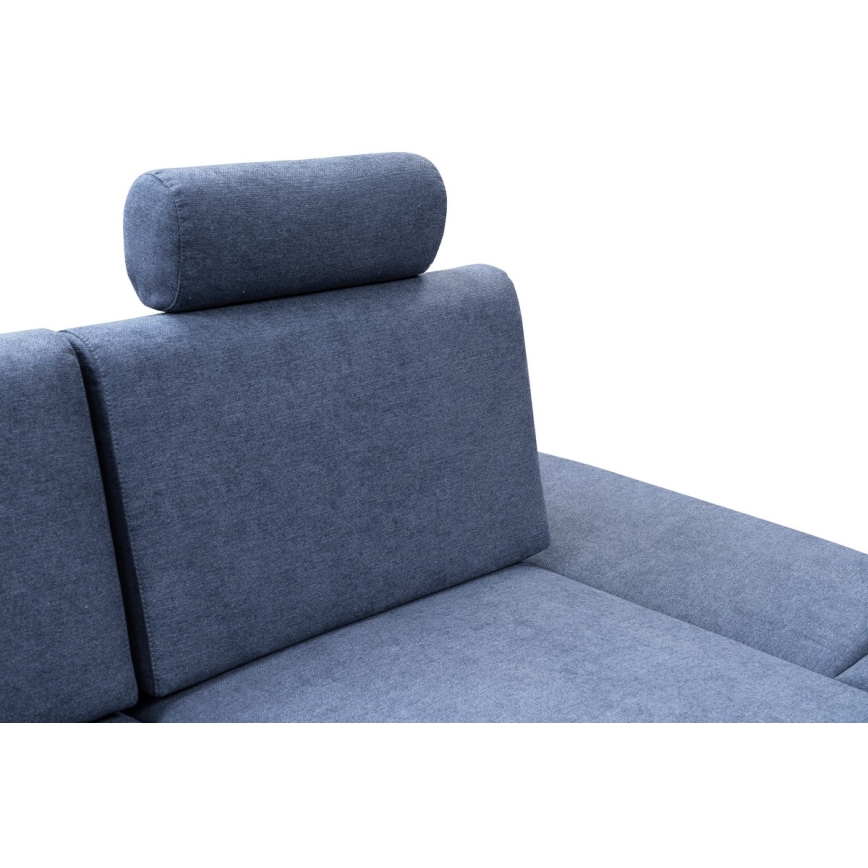 Išskleidžiama L formos kampinė apmušta sofa AVESTA, su daiktų dėže, dešinė, mėlyna
