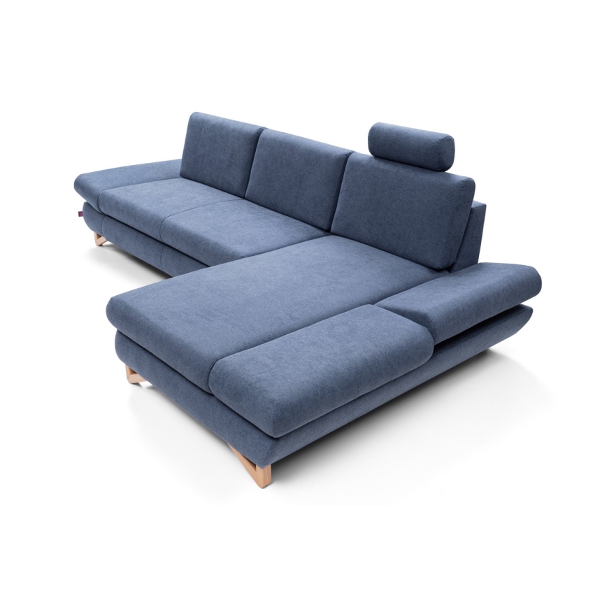 Išskleidžiama L formos kampinė apmušta sofa AVESTA, su daiktų dėže, dešinė, mėlyna