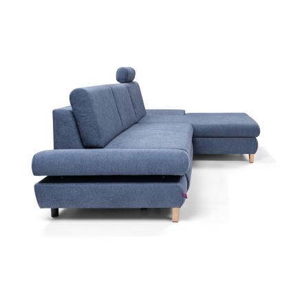 Išskleidžiama L formos kampinė apmušta sofa AVESTA, su daiktų dėže, dešinė, mėlyna