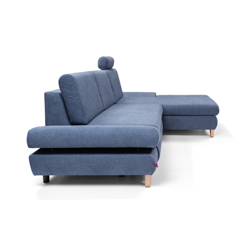 Išskleidžiama L formos kampinė apmušta sofa AVESTA, su daiktų dėže, dešinė, mėlyna