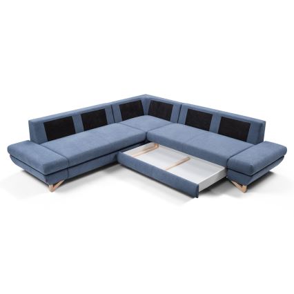 Išskleidžiama L formos kampinė minkšta sofa AVESTA su patalynės dėže, mėlyna