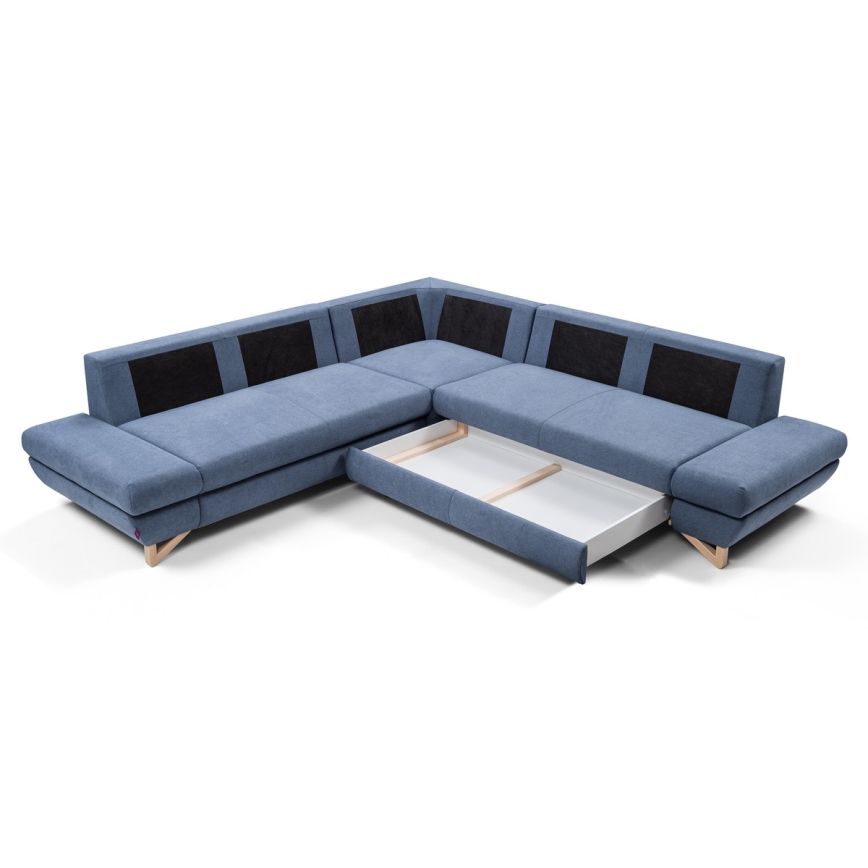Išskleidžiama L formos kampinė minkšta sofa AVESTA su patalynės dėže, mėlyna