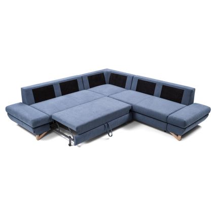 Išskleidžiama L formos kampinė minkšta sofa AVESTA su patalynės dėže, mėlyna