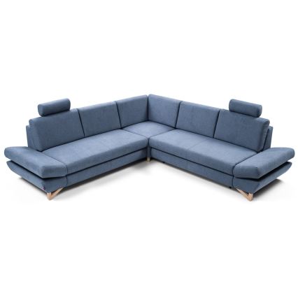 Išskleidžiama L formos kampinė minkšta sofa AVESTA su patalynės dėže, mėlyna