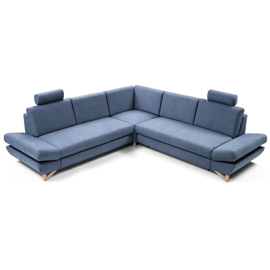Išskleidžiama L formos kampinė minkšta sofa AVESTA su patalynės dėže, mėlyna