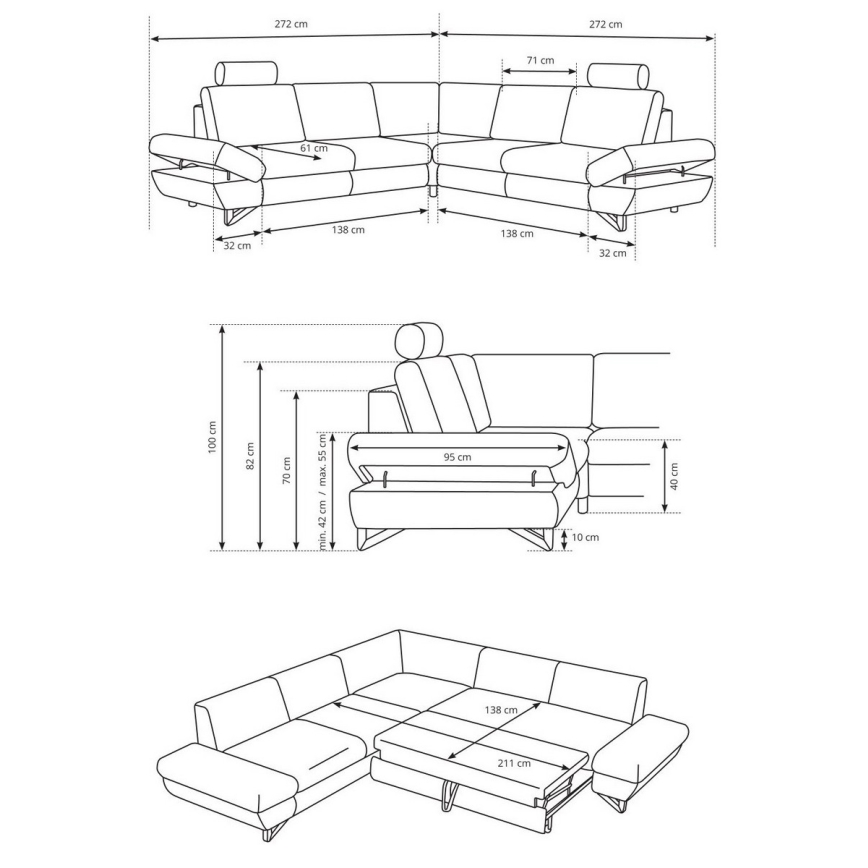 Išskleidžiama L formos kampinė minkšta sofa AVESTA su patalynės dėže, mėlyna