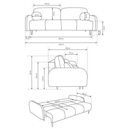Išskleidžiama apmušta trivietė sofa CLOUDY, pilka