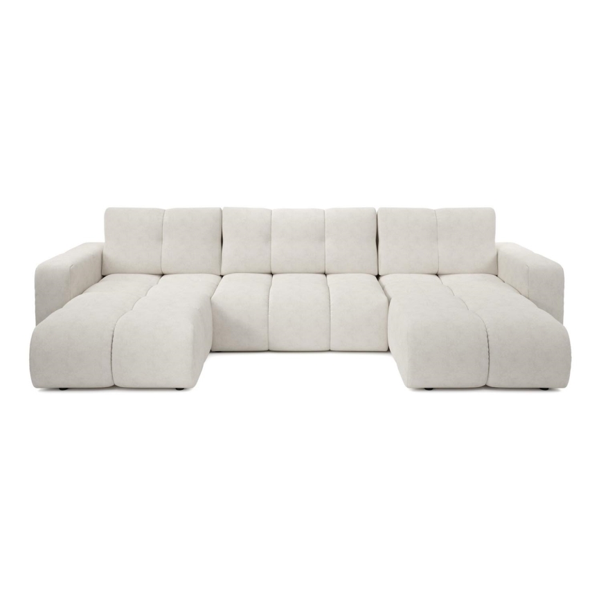 Išskleidžiama apmušta U formos sofa-lova ALMADA, smėlio spalvos, su patalynės dėže