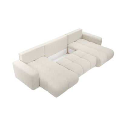 Išskleidžiama apmušta U formos sofa-lova ALMADA, smėlio spalvos, su patalynės dėže