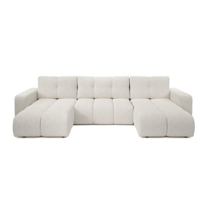 Išskleidžiama apmušta U formos sofa-lova ALMADA, smėlio spalvos, su patalynės dėže