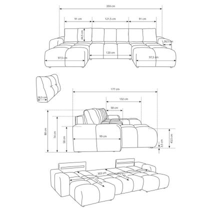 Išskleidžiama apmušta U formos sofa su sandėliavimo vieta ALMADA, smėlio spalvos