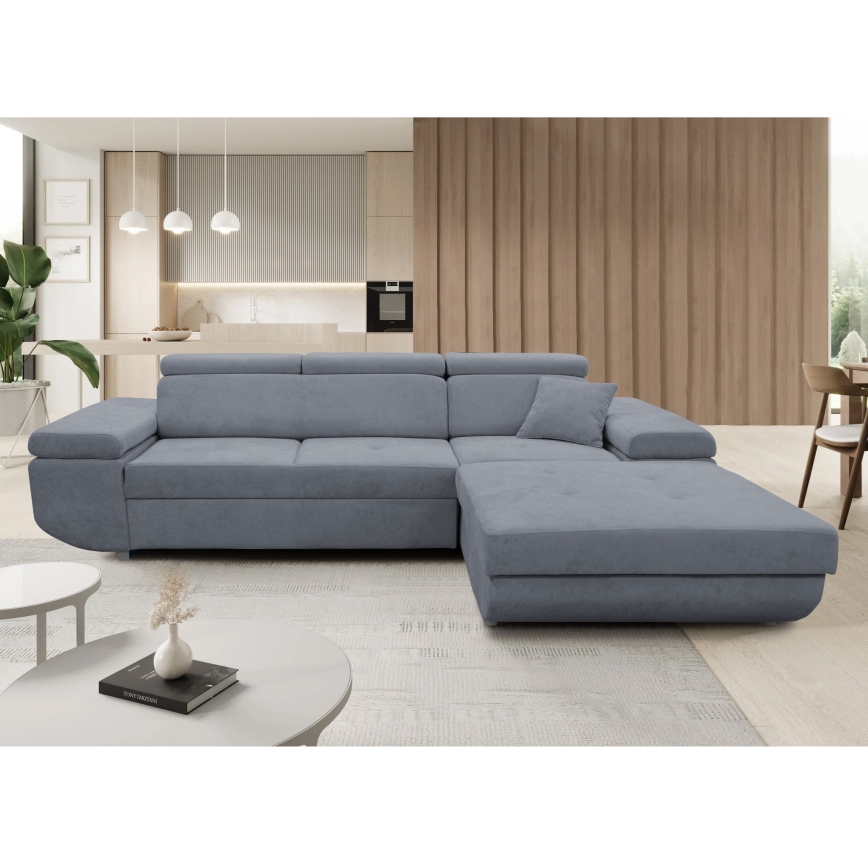 Išskleidžiama dešinės pusės L formos kampinė sofa CASTELO su daiktų laikymo vieta, tamsiai pilka