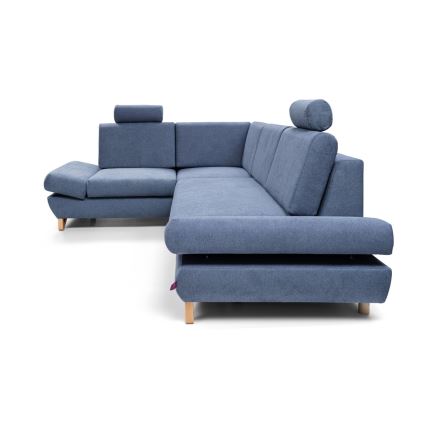 Kairinė L formos išskleidžiama kampinė apmušta sofa AVESTA su daiktų laikymo vieta, mėlyna