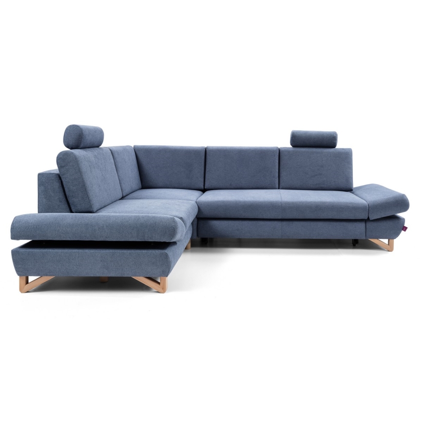 Kairinė L formos išskleidžiama kampinė apmušta sofa AVESTA su daiktų laikymo vieta, mėlyna
