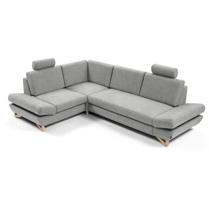 Išskleidžiama kampinė audiniu aptraukta sofa su daiktų laikymo dėže, L formos AVESTA, kairinė, pilka