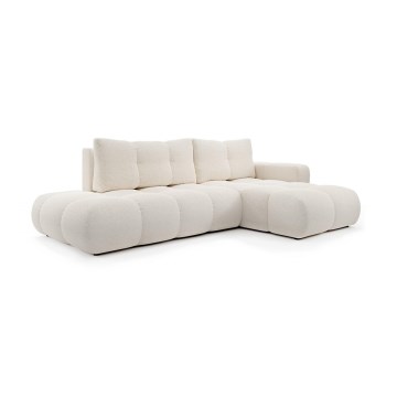 Išskleidžiama kampinė apmušta sofa-lova su daiktadėže, L formos, ALMADA, dešinės pusės, šviesiai smėlinė