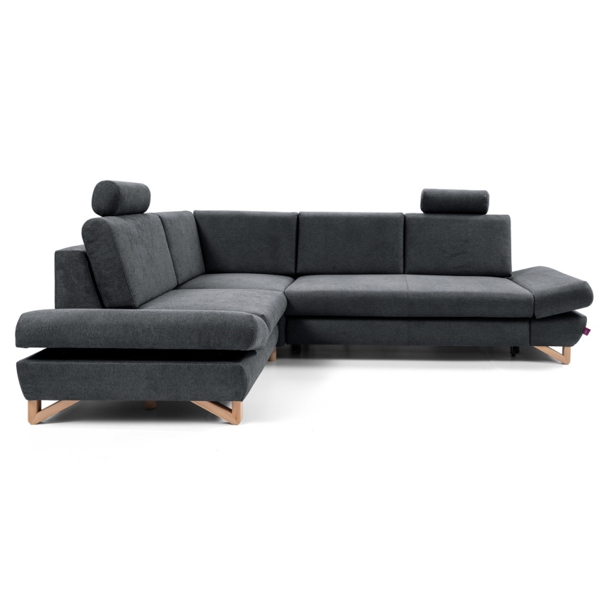Išskleidžiama apmušta kampinė sofa-lova su sandėliavimo dėže, L formos AVESTA kairinė antracitas