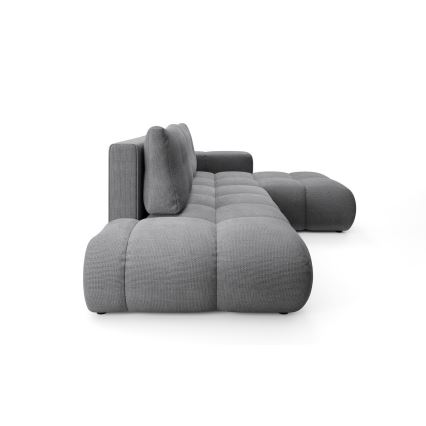 Išskleidžiama L formos kampinė minkšta sofa ALMADA, dešinės pusės, pilka, su talpia daiktadėže