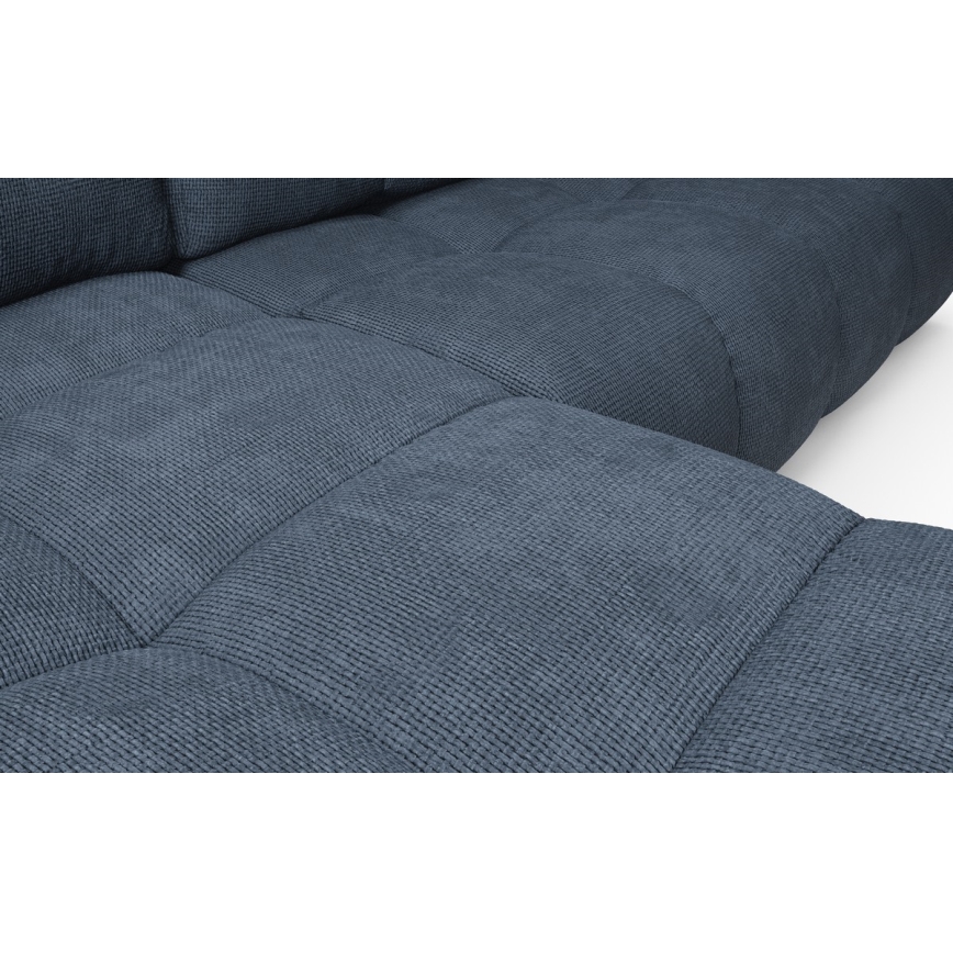 Išskleidžiama L formos kampinė apmušta sofa ALMADA, kairinė, mėlyna, su patalynės dėže