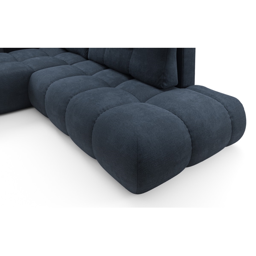 Išskleidžiama L formos kampinė apmušta sofa ALMADA, kairinė, mėlyna, su patalynės dėže