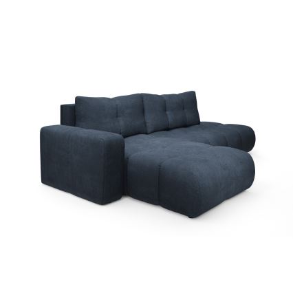 Išskleidžiama L formos kampinė apmušta sofa ALMADA, kairinė, mėlyna, su patalynės dėže
