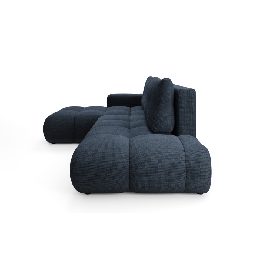 Išskleidžiama L formos kampinė apmušta sofa ALMADA, kairinė, mėlyna, su patalynės dėže