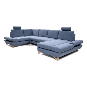 Išskleidžiama kampinė apmušta U formos sofa su daiktų laikymo vieta AVESTA mėlyna