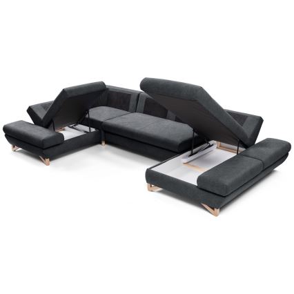 Išskleidžiama U formos kampinė apmušta sofa su daiktų laikymo vieta AVESTA antracitas