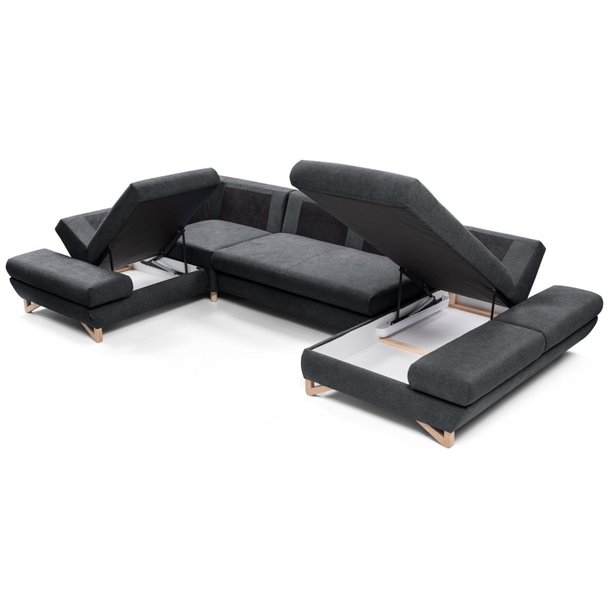 Išskleidžiama U formos kampinė apmušta sofa su daiktų laikymo vieta AVESTA antracitas