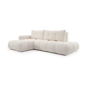 Išskleidžiama kampinė audiniu apmušta sofa-lova ALMADA, L formos, kairinė, šviesiai smėlinė, su talpia patalynės dėže
