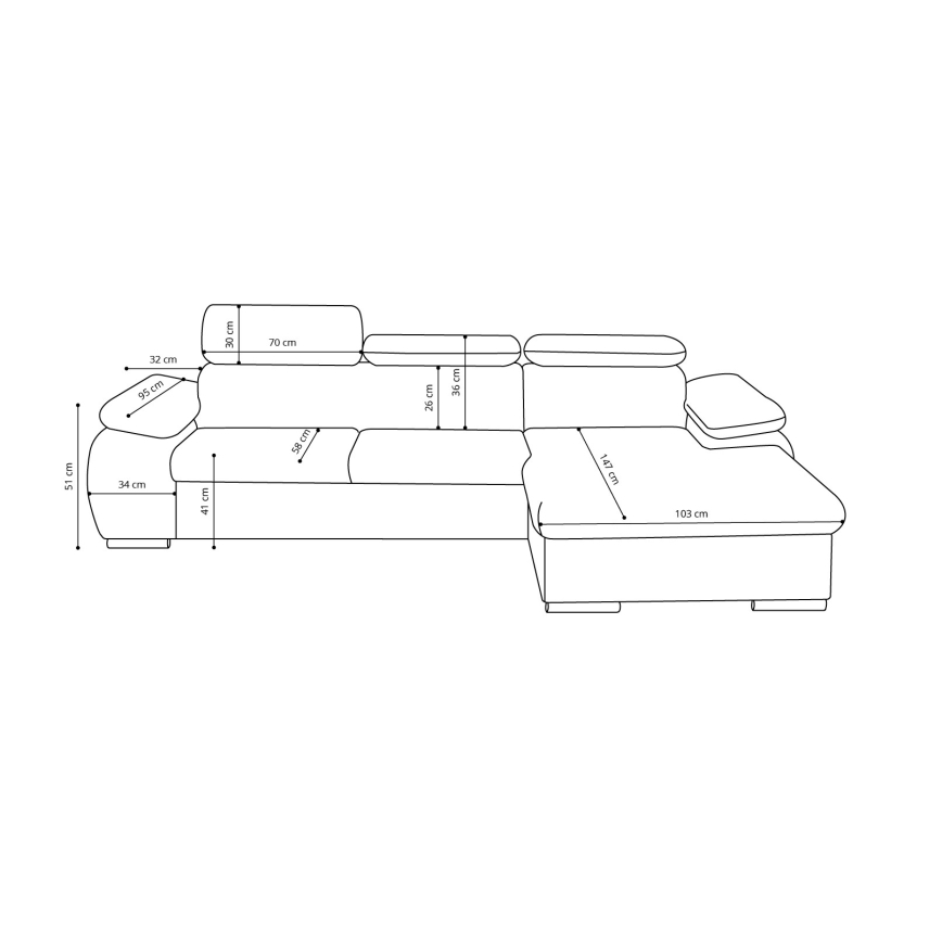 Išskleidžiama kampinė L formos sofa-lova su daiktadėže PADUA, pilka, dešinės pusės