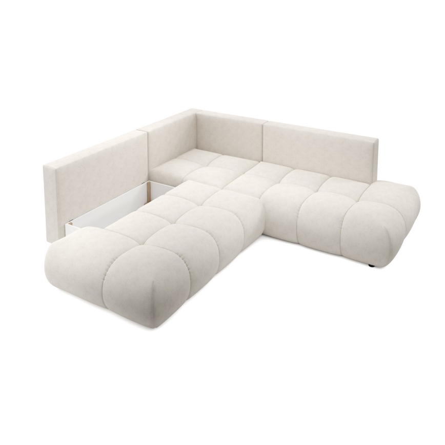 Išskleidžiama kairinė L formos apmušta kampinė sofa-lova su daiktadėže ALMADA, smėlio spalvos