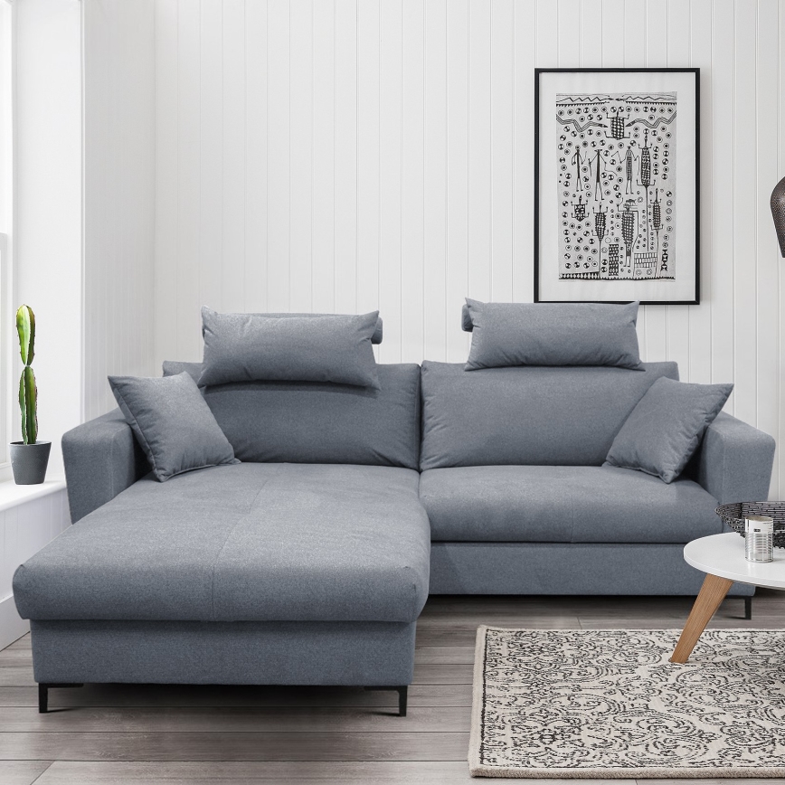 Išskleidžiama kampinė sofa HORTA, L formos, kairinė, su daiktų laikymo vieta, tamsiai pilka