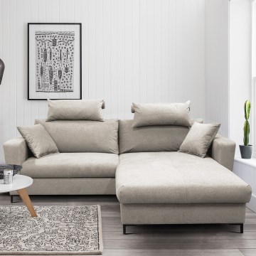 Išskleidžiama kampinė sofa-lova HORTA, L formos, dešinė, pilka, su patalynės dėže