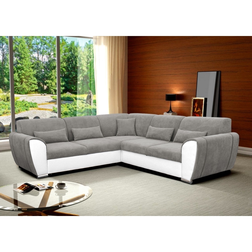 Išskleidžiama kampinė sofa-lova su daiktadėže, L formos VISEU, kairinė, pilka/balta